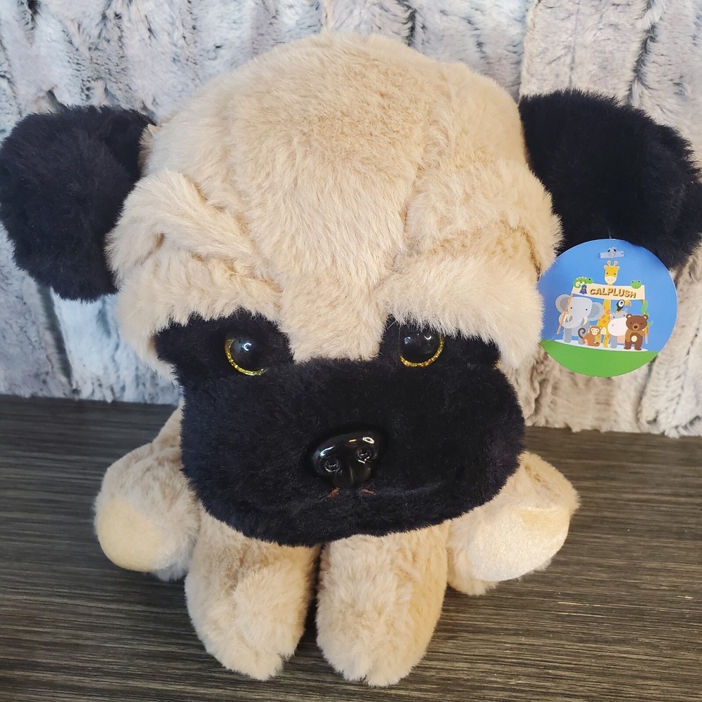 Calplush Stuffed Animal Plush Toy Tan Black Pug Dog Glitter‎ Eyes Bandana W/Tag